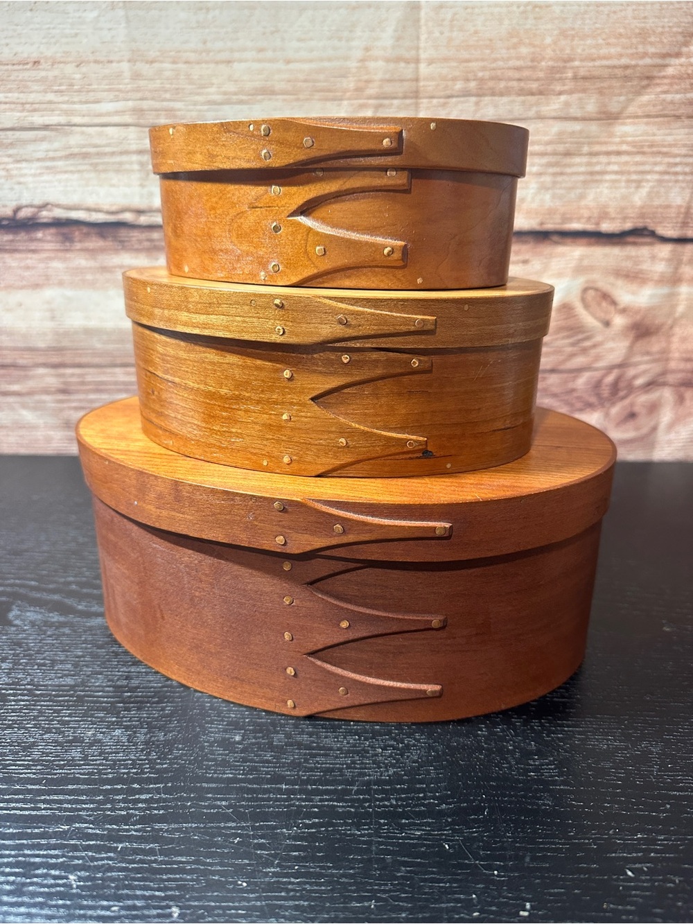 SET OF 3 Hand Crafted Vintage Wooden Oval Stacking BRASS NAIL NESTING BOXES